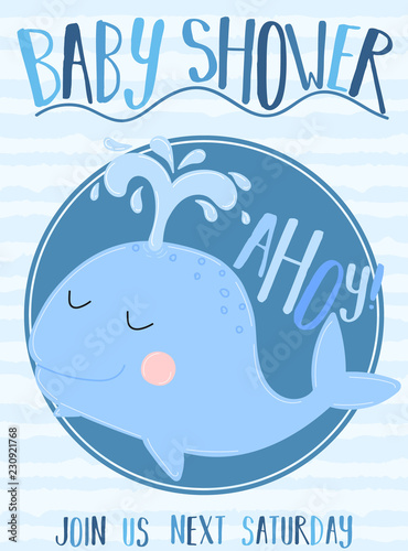Vector image of a whale with the inscription Baby Shower and Ahoy on a striped blue background. Illustration on the sea theme for a boy sailor. Invitation card template for a holiday, birthday