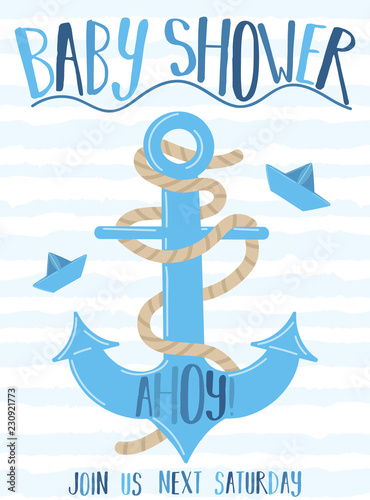 Vector image of an anchor and paper boat with the inscription Baby Shower on a striped blue background. Illustration on the sea theme for a boy sailor. Invitation card template for a holiday, birthday