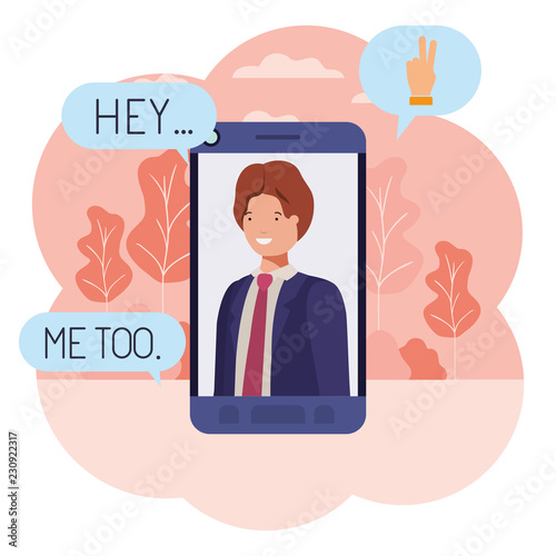 young businessman in smartphone with speech bubble