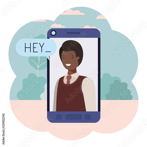 young businessman in smartphone with speech bubble