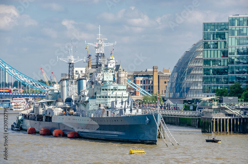 HMS Belfast a Royal Navy light cruiser on the River Thames in London,United Kingdom