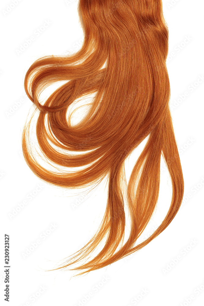 Red hair, isolated on white background. Long and disheveled ponytail