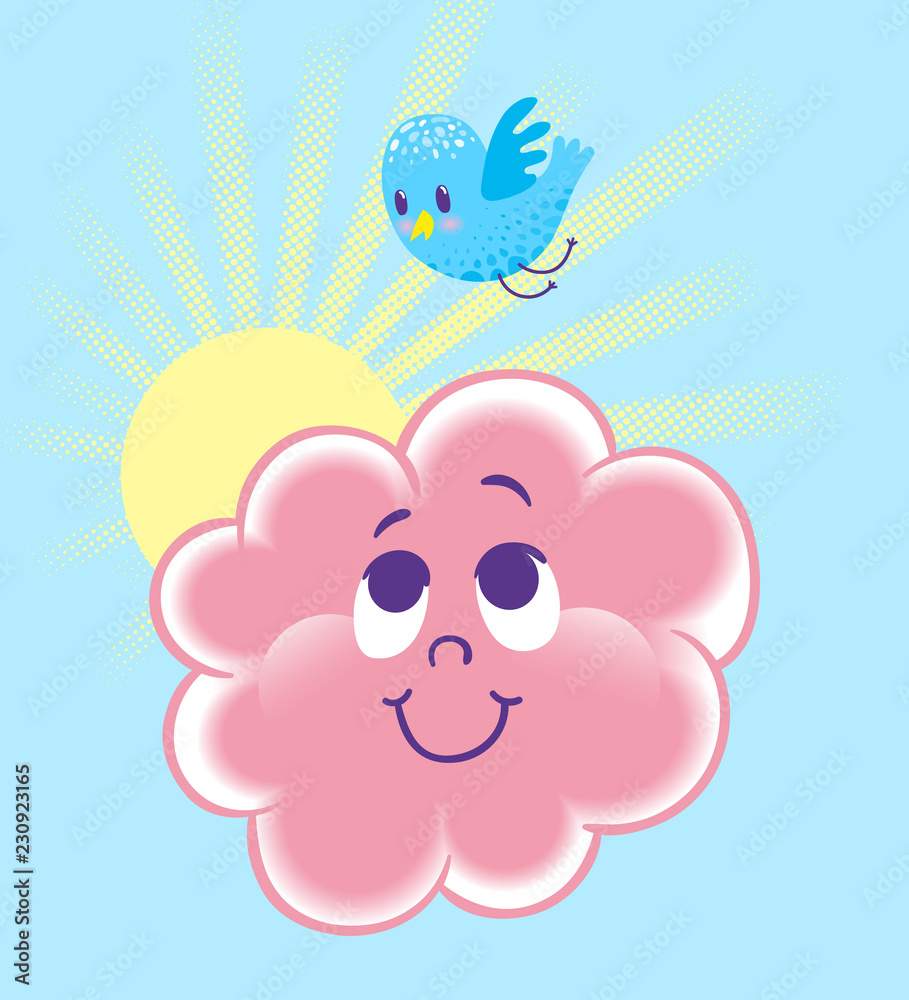 Fototapeta premium Cartoon vector characters. Illustration of a joyful cloud and bird