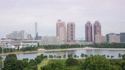 View of the bay of Odaiba with daiba park mall and hotels.