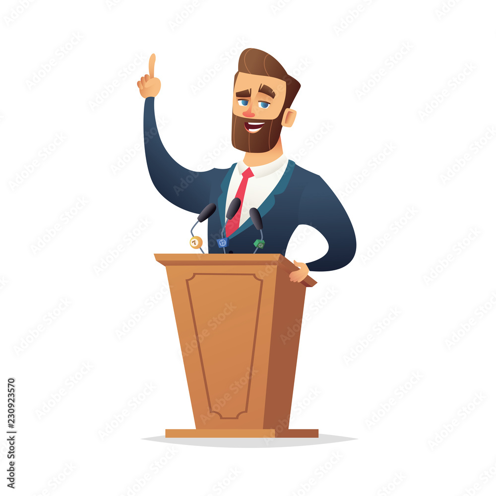 Bearded charismatic male speaker stands behind the podium and speaks.  Cartoon flat character designe. Stock Vector | Adobe Stock