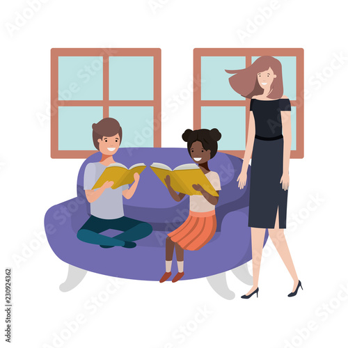 mother and children sitting in couch avatar character