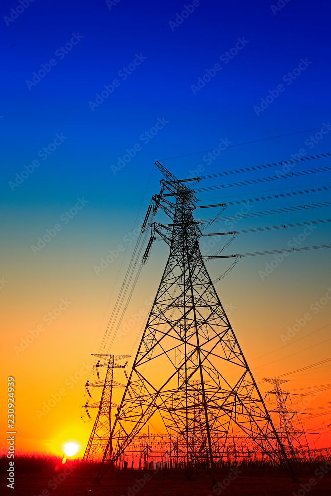 Pylon, high-voltage tower sky background.