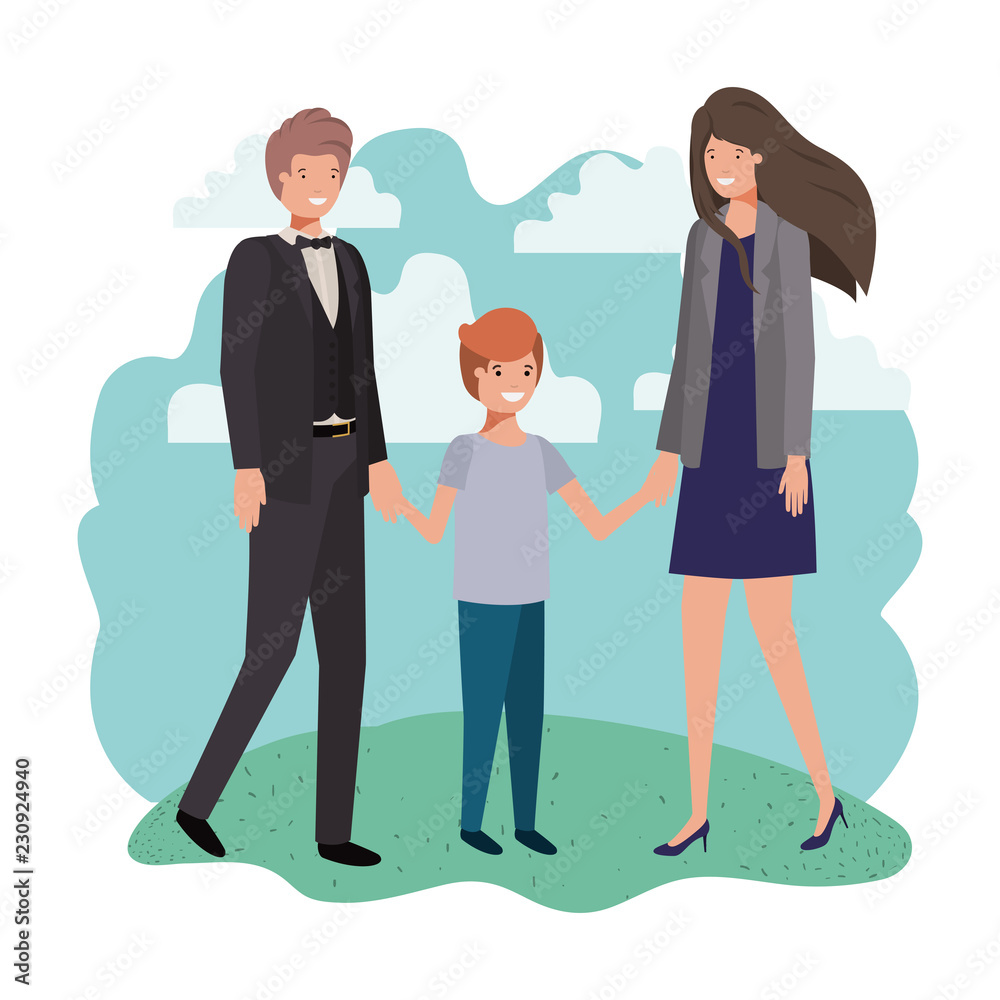 Fototapeta premium parents couple with son in landscape avatar character