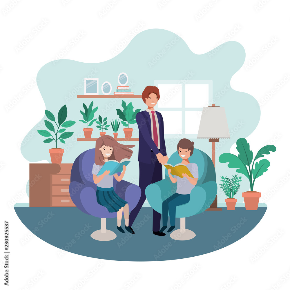 father and children sitting in chair avatar character