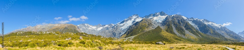Panorama view of Aoraki Mount Cook National Park, New Zealand, Summertime Panorama view of Aoraki Mount Cook National Park, New Zealand, Summertime