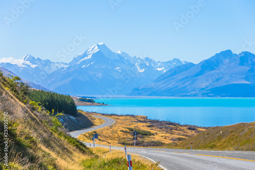 Mount cook viewpoint with the lake pukaki and the road leading to mount cook village in South Island New Zealand.