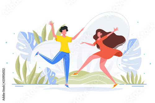 Friends dance and joy together in casual wear in the wild, forest, park.