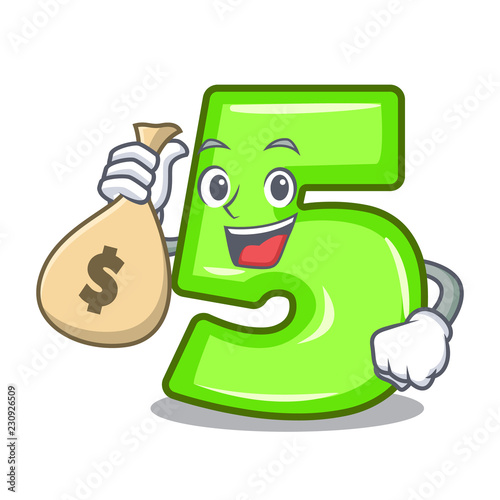 With money bag character number five at wooden door