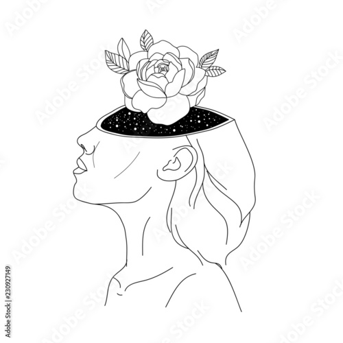 Woman in space tattoo art. Surreal girl sinks in universe. Symbol of magic, esoterics, astrology t-shirt design