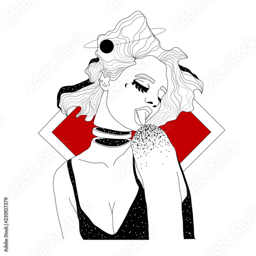 Space Art. Portrait of a beautiful woman. Philosophy, esoteric, symbolism, boho. Vector hand drawn illustration of a woman with space instead of body.Surreal tattoo artwork . Template for card, poster