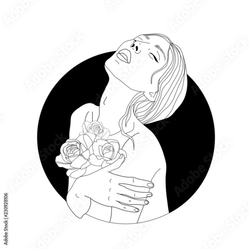 Space Art. Portrait of a beautiful woman. Philosophy, esoteric, symbolism, boho. Vector hand drawn illustration of a woman with space instead of body.Surreal tattoo artwork . Template for card, poster