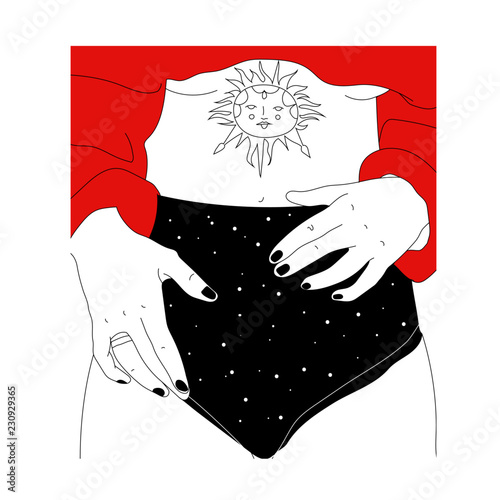 Surreal tattoo artwork . Template for card, poster, banner, print for t-shirt.Vector hand drawn surreal illustration of undressing woman with space instead of body