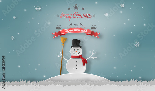 Paper art style of snowman standing in winter, Merry Christmas and Happy New Year concept.