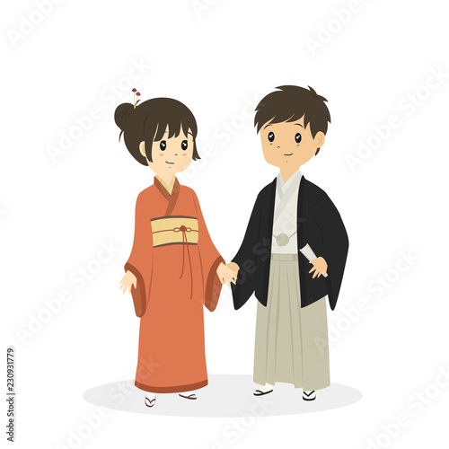 cute couple wearing Japanese traditional dress. Japanese traditional dress cartoon vector