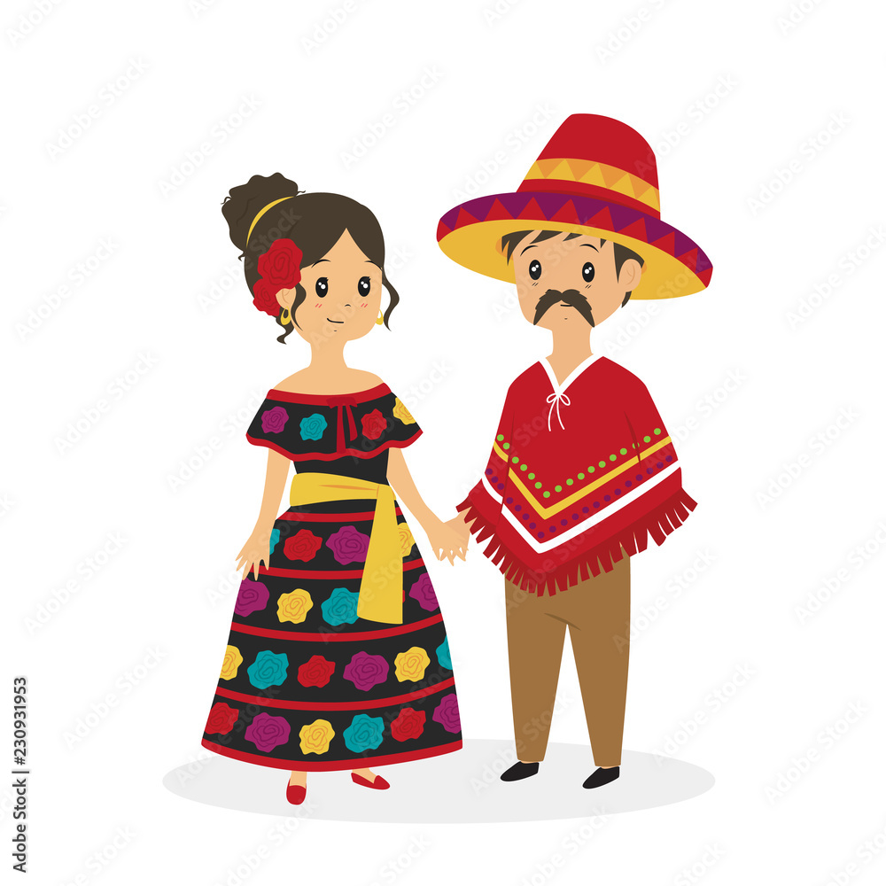 cute couple wearing Mexican traditional dress. Mexican traditional dress cartoon vector