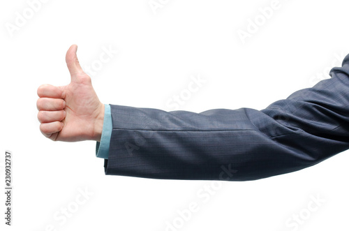 Businessman hand is showing a thumbs up gesture sign isolated on white background.