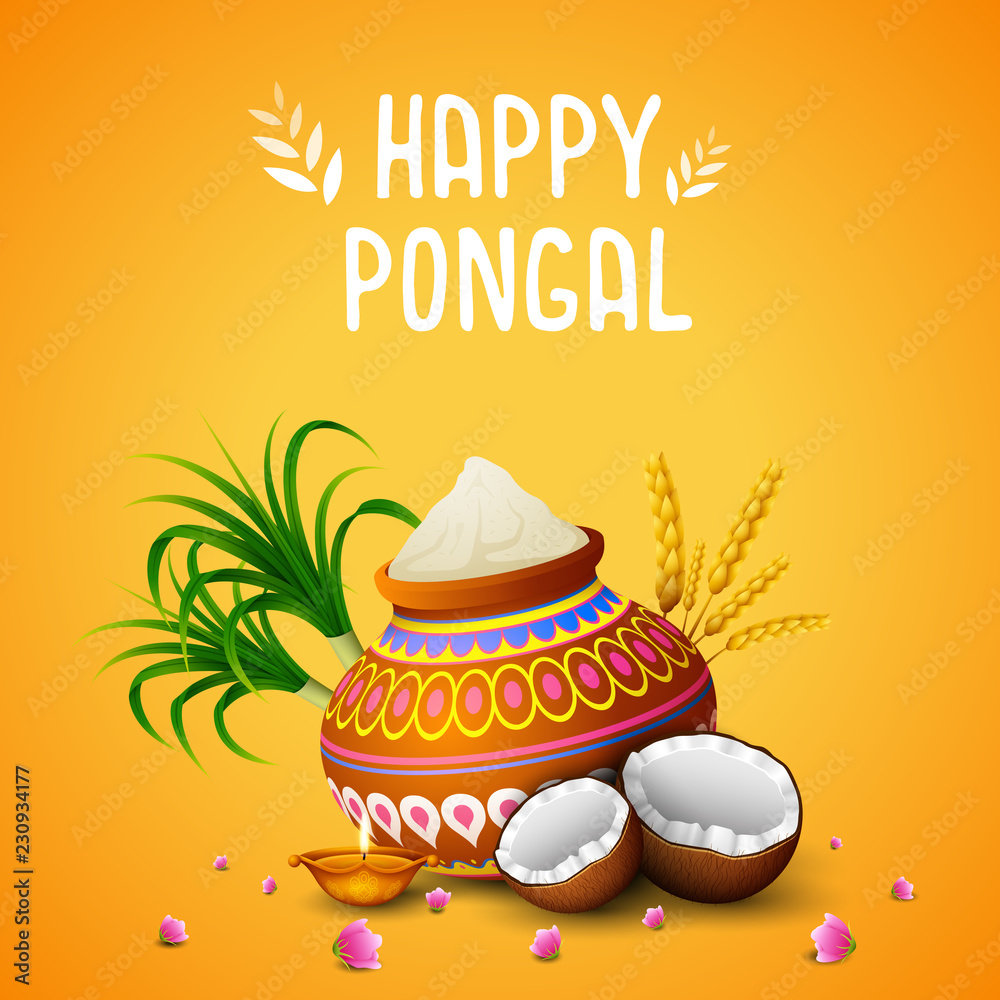Fototapeta premium Happy Pongal greeting card on orange background