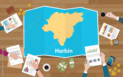 harbin capital heilongjiang province china city region economy growth with team discuss on fold maps view from top
