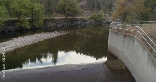 Water diversion dam on the Poudre River in northern Colorado above Fort Collins, fall scenery aerial view photo