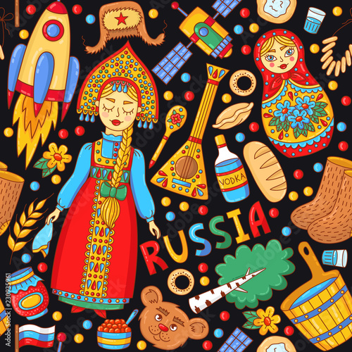 Russia  doodle cartoon colorful icons seamless vector pattern