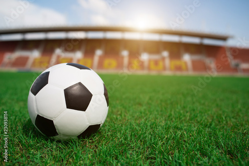 soccer ball on grass with stadium background © Johnstocker