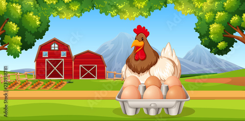 Chicken with eggs farm scene