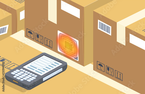 Vector modern barcode scanner reads box on storage. Contemporary rfid technology for warehouse with radio waves. Cartoon electronic device for shipping, selling and distribution. Business background.