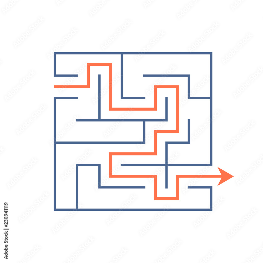 Abstract square maze. Game for kids. Puzzle for children. One entrance, one exit. Labyrinth conundrum. Flat vector illustration isolated on white background. With answer. Abstract square maze. Game for kids. Puzzle for children. One entrance, one exit. Labyrinth conundrum. Flat vector illustration isolated on white background. With answer.