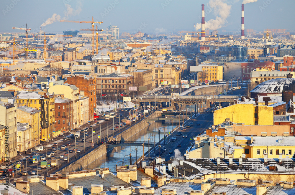 Saint  Petersburg. Top view of the embankment Obvodny Canal in the historic part of the city on a winter day