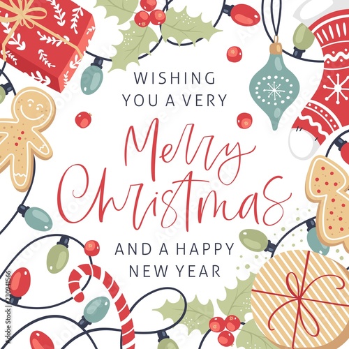 Christmas flat lay design with gift boxes, gingerbread cookies, garland, sock, berries and hand drawn lettering. Isolated on white background.