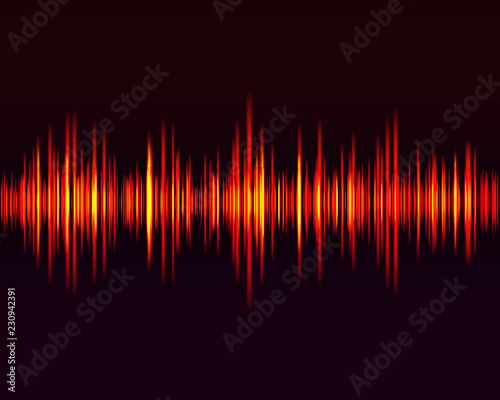 Vector digital music equalizer, audio waves design template audio signal visualization on dark background. Red equalizer of music, showing sound waves with music waves.. Vector illustration.