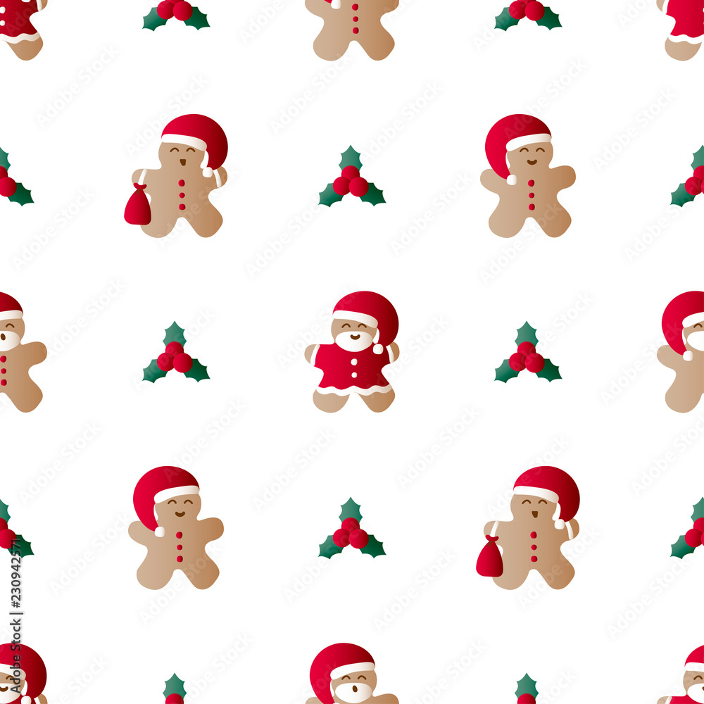 Vector illustration seamless pattern with icons of Christmas leaf, gingerbread men with gift bag, red Santa Claus' clothes and beard on a white background Vector illustration seamless pattern with icons of Christmas leaf, gingerbread men with gift bag, red Santa Claus' clothes and beard on a white background