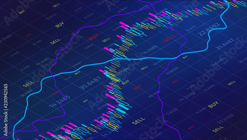 Business Trade graph with tending. Candle stick stock market tracking graph. Forex trading in perspective graphic design for financial investment concept. Stock Market Prices.  Vector illustration