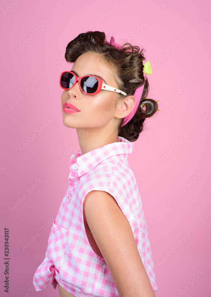 Pin up girl. happy girl in glasses. retro woman with fashion makeup. vintage woman make hairstyle. beauty salon and Following her personal style. Looking trendy Stock Photo | Adobe