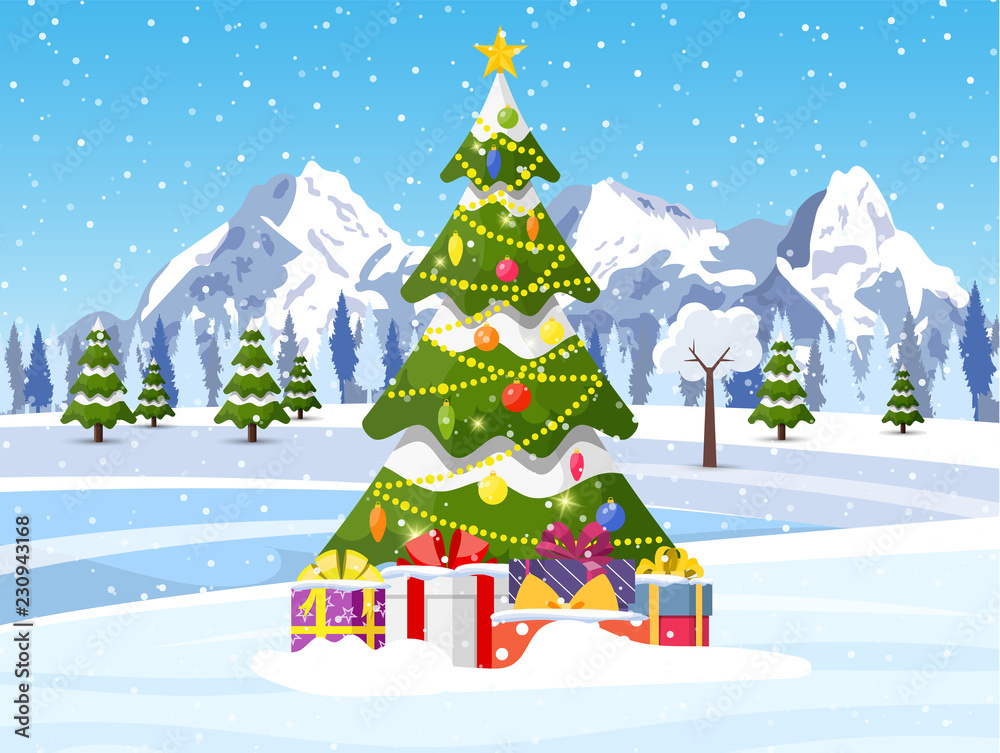 Christmas landscape background with snow and tree