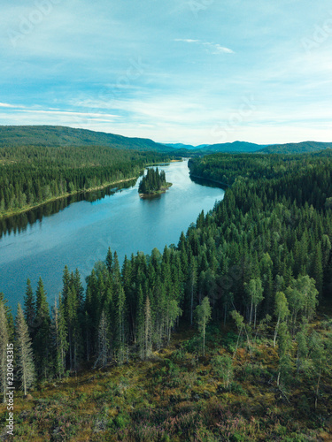 Aerial footage of swedish pine forrest with a river © Lars