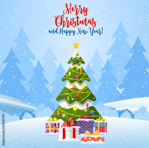 Christmas landscape background with snow and tree
