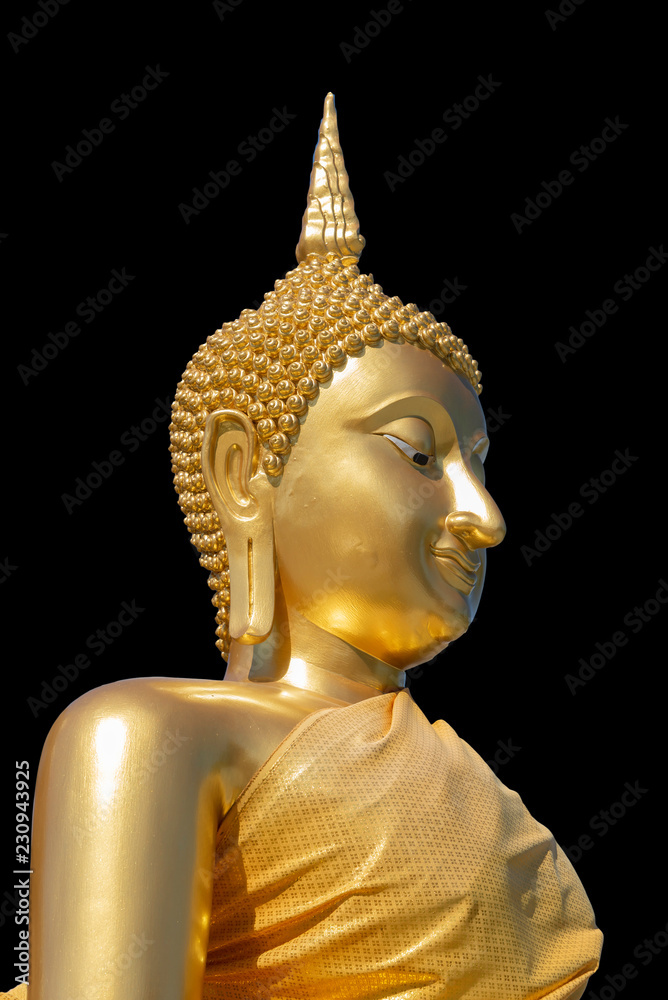 Golden Buddha Buddhism on a Black  background.