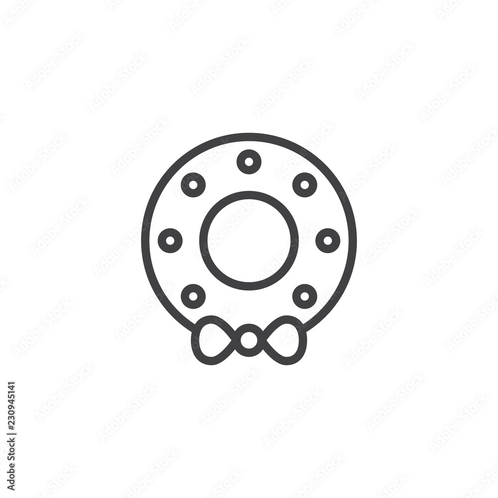 Christmas wreath with bow outline icon. linear style sign for mobile concept and web design. Merry Christmas greeting simple line vector icon. Symbol, logo illustration. Pixel perfect vector graphics Christmas wreath with bow outline icon. linear style sign for mobile concept and web design. Merry Christmas greeting simple line vector icon. Symbol, logo illustration. Pixel perfect vector graphics