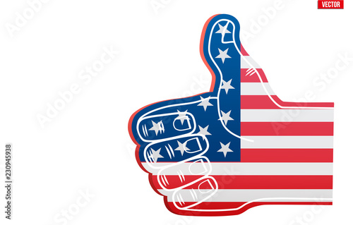 Fan Foam Finger Like with USA Flag. Concept of sport or elections symbol. Vector Illustration Isolated on white background.
