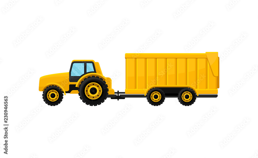 Bright yellow tractor with big trailer, side view. Heavy agricultural machinery. Farm equipment. Flat vector icon