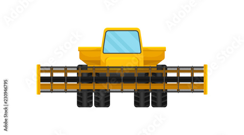 Yellow reaping machine or combine harvester. Farm equipment. Professional agricultural machinery. Flat vector icon