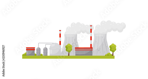 Thermal power plant with industrial buildings and smoking pipes. Electricity production. Alternative energy. Flat vector design