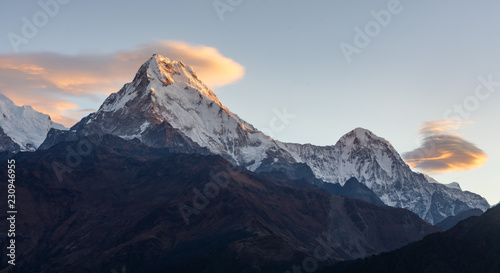 Annapurna South and clouds during sunrise as seen from Poonhill  Himalayas