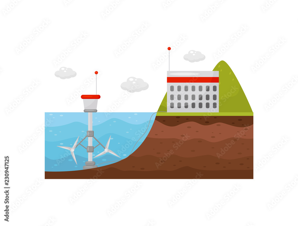 Tidal power station. Energy production obtained from tides. Tide mill in the water and the building on shore. Flat vector design